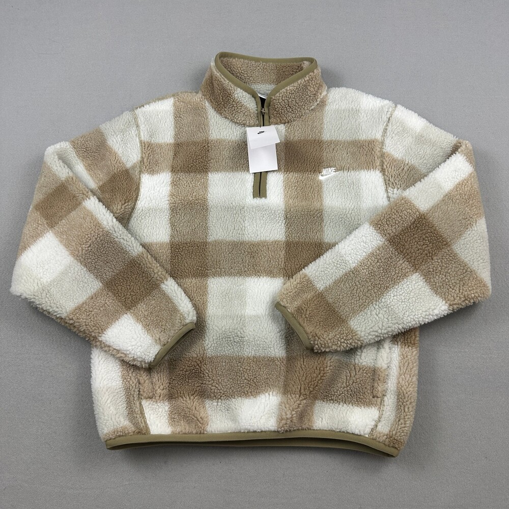 Nike Jacket Men Medium Brown Plaid 1/4 Zip Sherpa Fleece Pullover Pocket M *